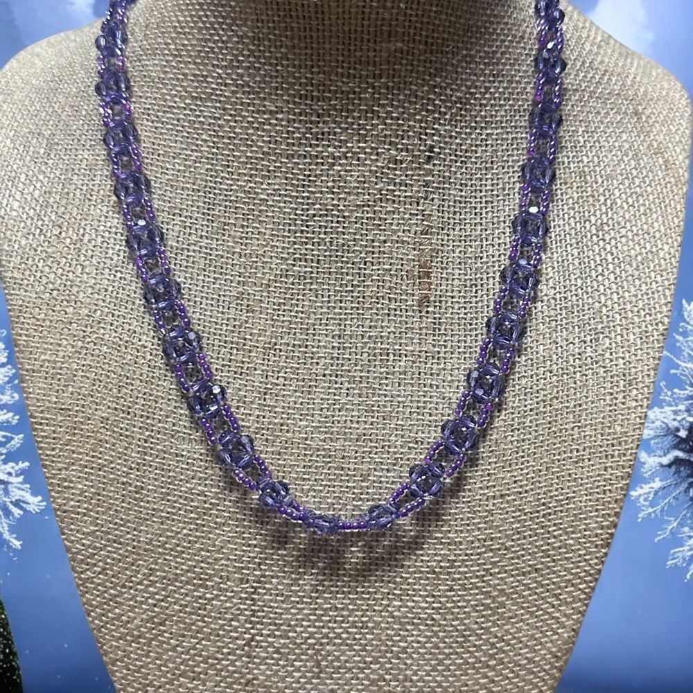 Vintage Purple Genuine Amethyst Weaved Beaded Necklace 16” Silver Box Clasp - Picture 2 of 5